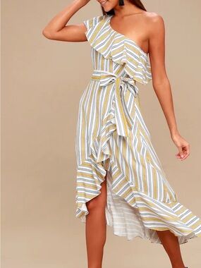 Lulu's One-Shoulder Yellow & White Striped Ruffle Midi Dress